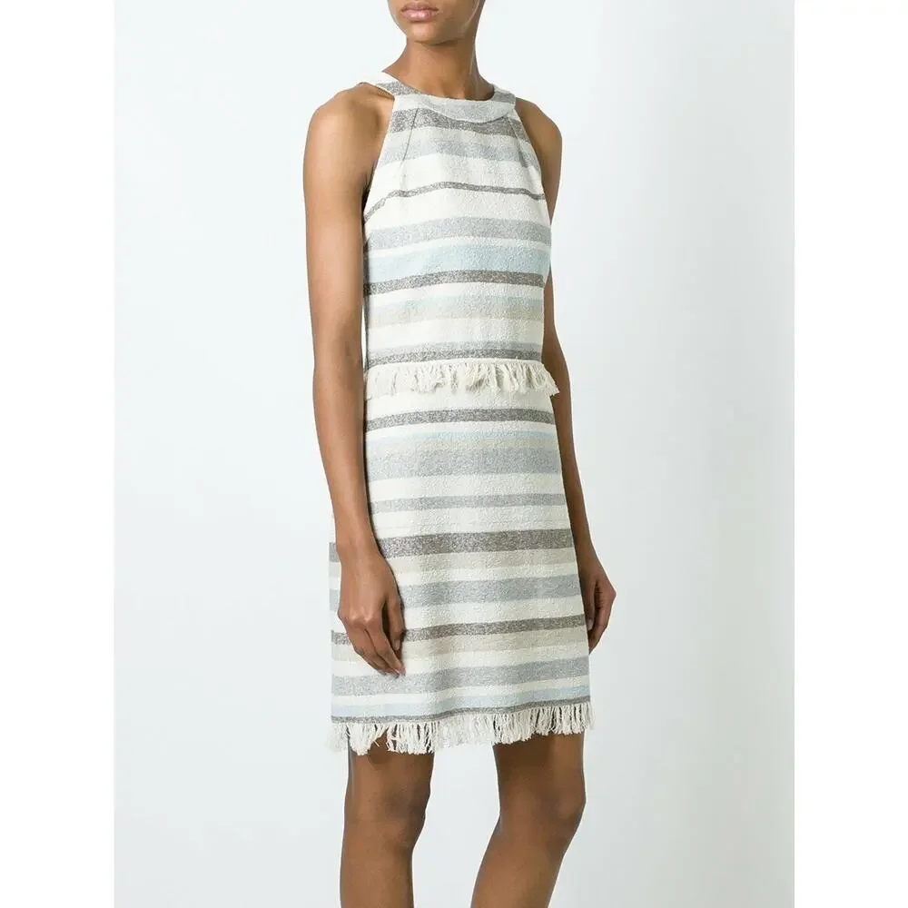 Tory Burch Jane Sheath Dress Off White Stripe Fringe Sleeveless 10